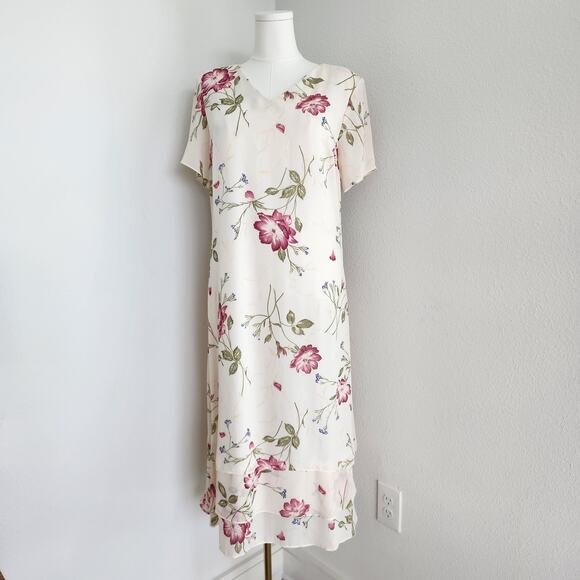 American Vintage Dresses & Skirts - 90s Vintage Cream Pink Floral Midi Dress Short Sleeve Cottagecore Grandmacore L